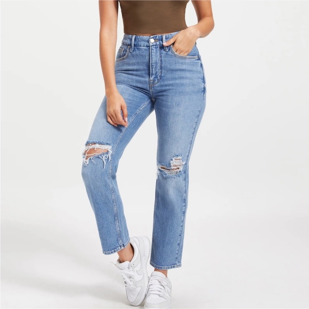 Good American NWT Good Icon Straight Ankle Crop Indigo061 Medium Wash Distressed - Picture 2 of 14